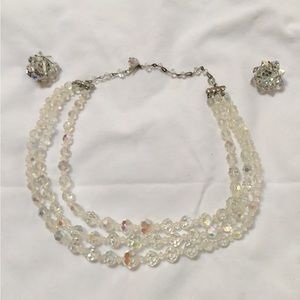 Vintage Faux Crystal Necklace 16” and Earrings,3 strands of sparkling beads.